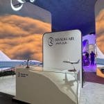 Riyadh Air stand at World Travel Market 2025 with branded hospitality setup.