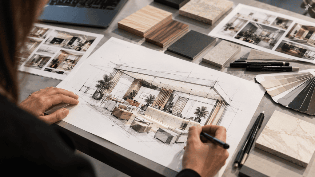 Event designer developing a bespoke exhibition stand concept with material samples and technical drawings